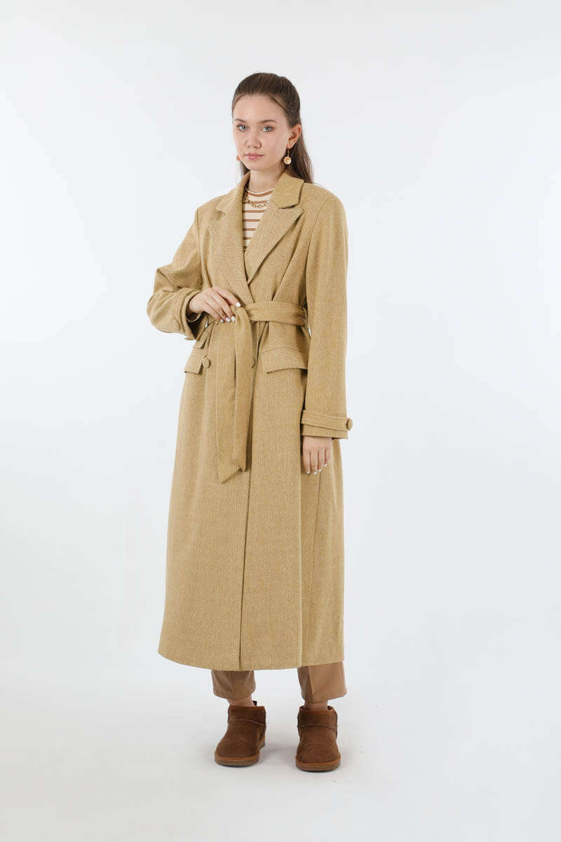 Cep Detaylı Kruvaze Kaban Camel