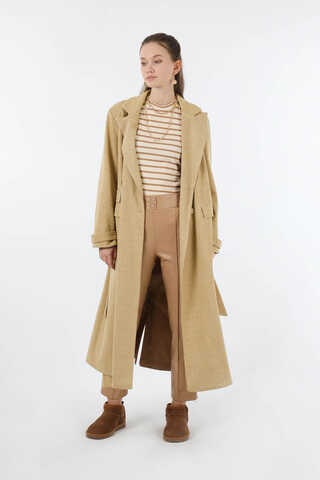 Cep Detaylı Kruvaze Kaban Camel - 3