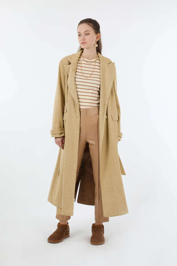 Cep Detaylı Kruvaze Kaban Camel - 3