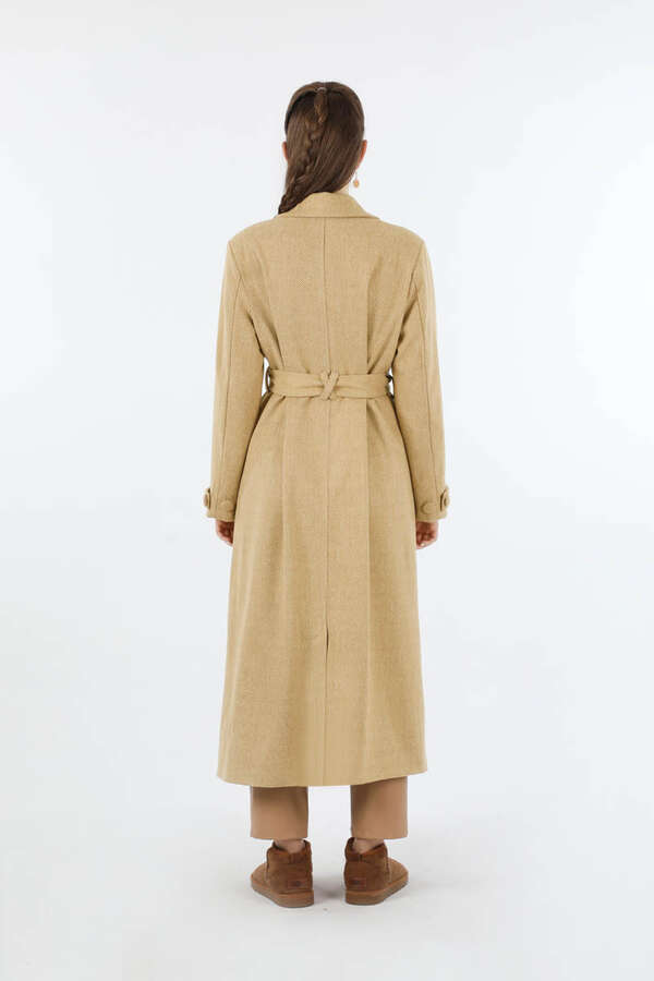 Cep Detaylı Kruvaze Kaban Camel - 6