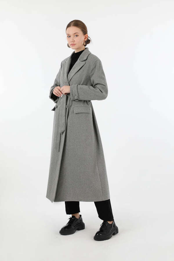 Cep Detaylı Kruvaze Kaban Gri - 1