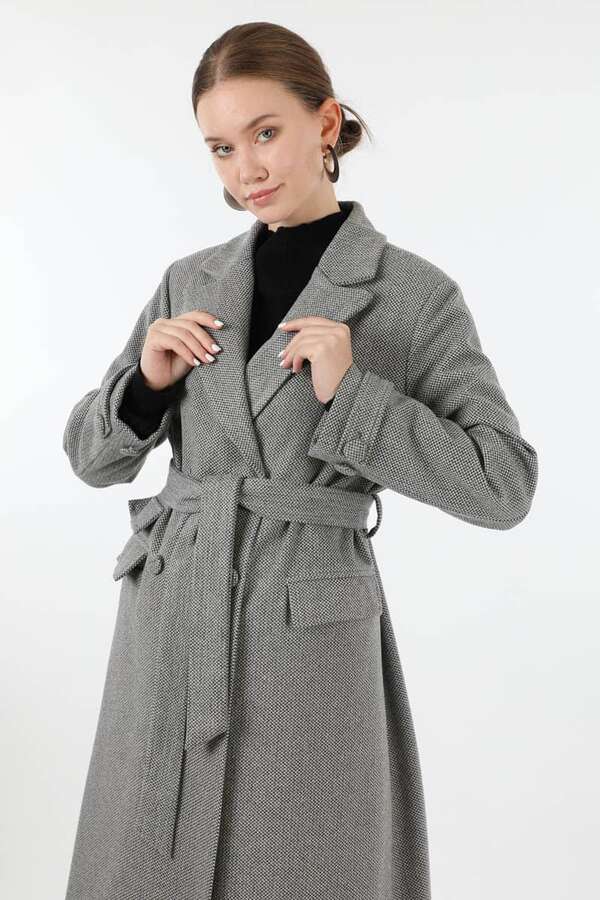 Cep Detaylı Kruvaze Kaban Gri - 2