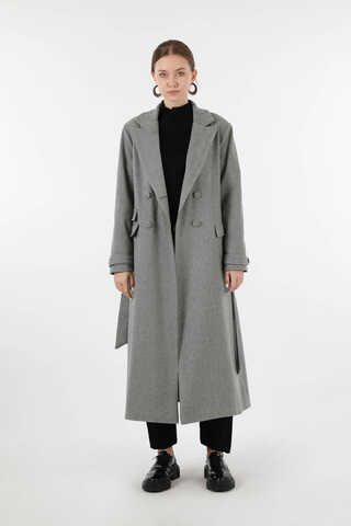 Cep Detaylı Kruvaze Kaban Gri - 3