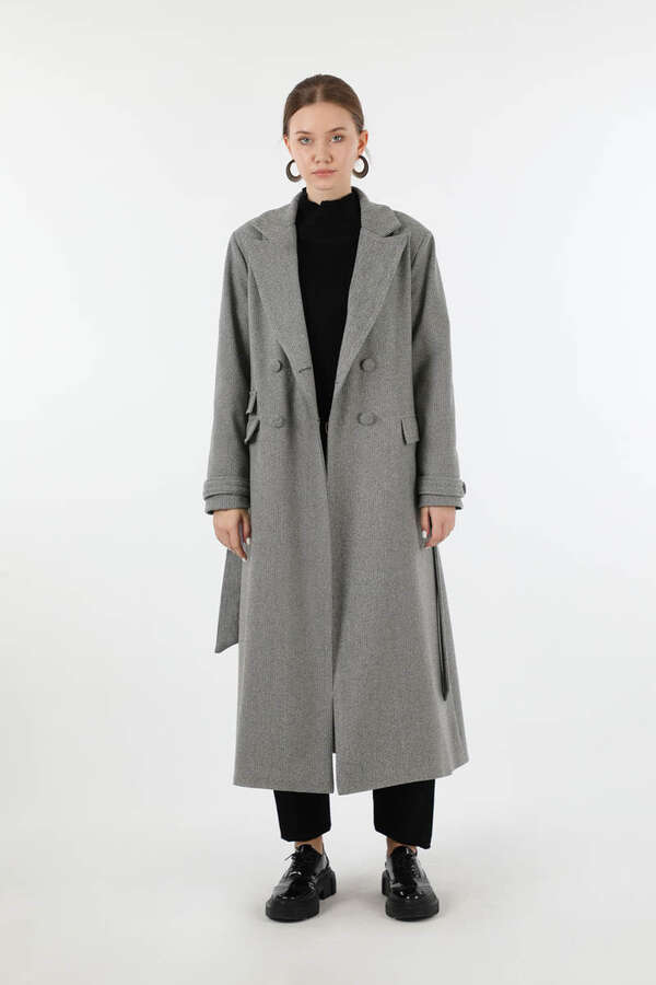 Cep Detaylı Kruvaze Kaban Gri - 3