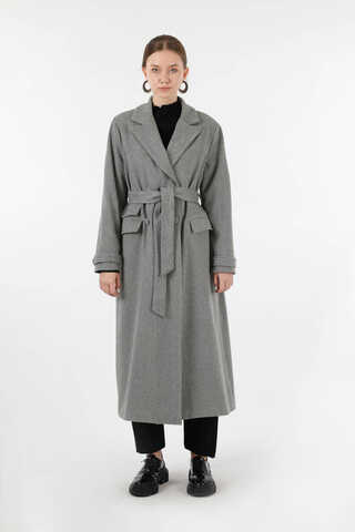 Cep Detaylı Kruvaze Kaban Gri - 5