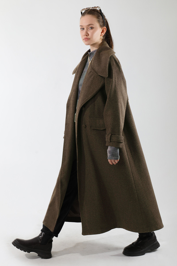 Cepleri Düğmeli Kruvaze Kaban Kahverengi - 1