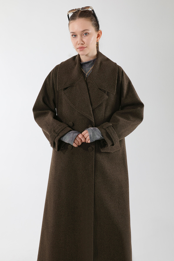 Cepleri Düğmeli Kruvaze Kaban Kahverengi - 2