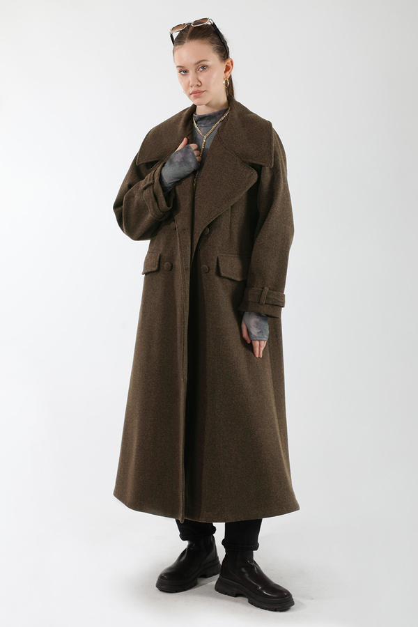 Cepleri Düğmeli Kruvaze Kaban Kahverengi - 5