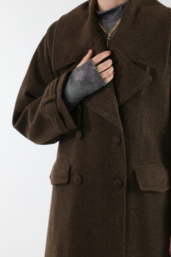 Cepleri Düğmeli Kruvaze Kaban Kahverengi - 4