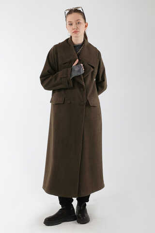 Cepleri Düğmeli Kruvaze Kaban Kahverengi - 3