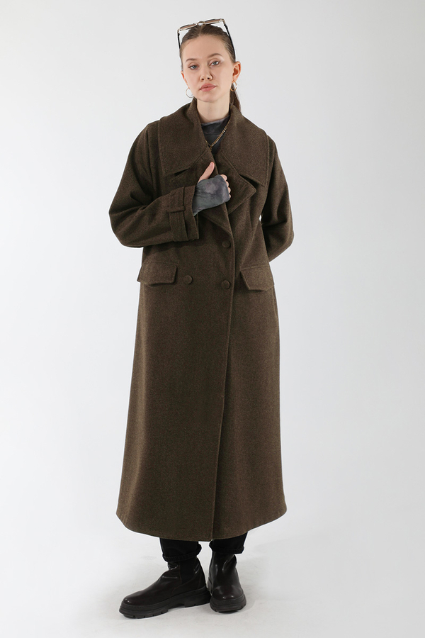 Cepleri Düğmeli Kruvaze Kaban Kahverengi - 3