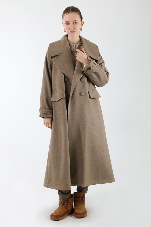 Cepleri Düğmeli Kruvaze Kaban Koyu Vizon - 1