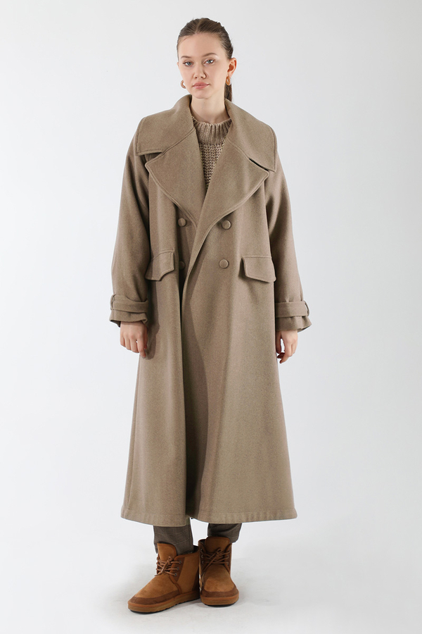 Cepleri Düğmeli Kruvaze Kaban Koyu Vizon - 3