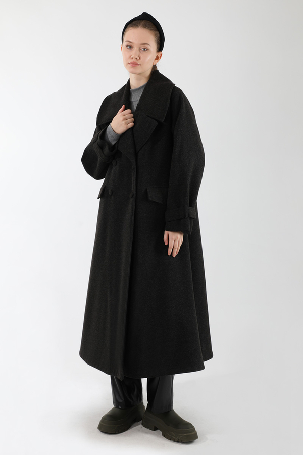 Cepleri Düğmeli Kruvaze Kaban Siyah - 3