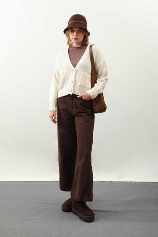 Cepli Düğmeli Hırka Krem - 1