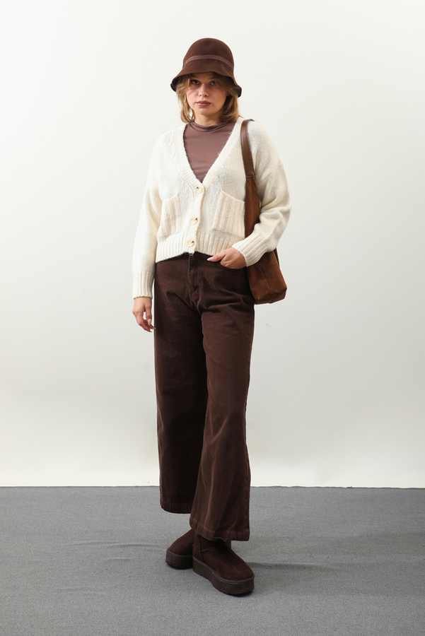 Cepli Düğmeli Hırka Krem - 1