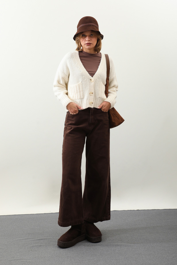 Cepli Düğmeli Hırka Krem - 2