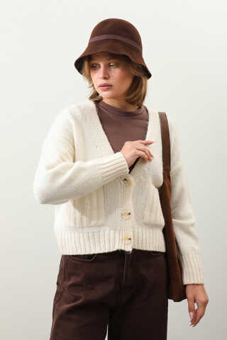 Cepli Düğmeli Hırka Krem - 3