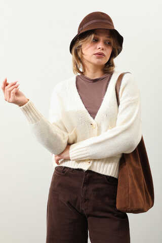 Cepli Düğmeli Hırka Krem - 4