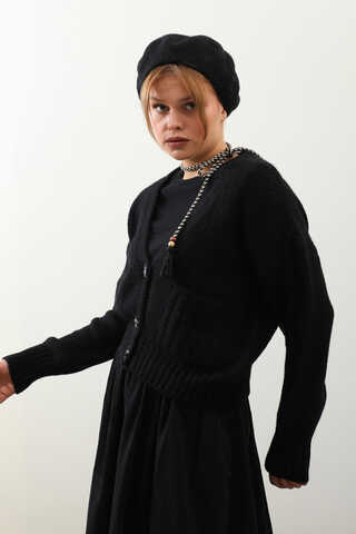 Cepli Düğmeli Hırka Siyah - 5