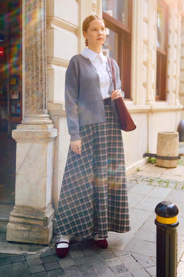 Checked A-Line Skirt Anthracite - 8