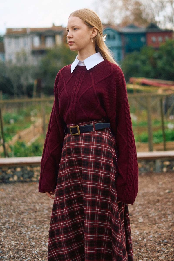 Checked A-Line Skirt Burgundy - 3