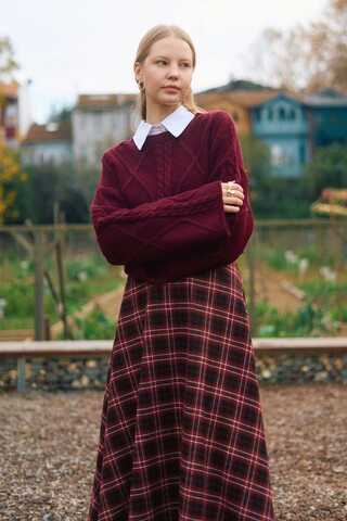 Checked A-Line Skirt Burgundy - 5