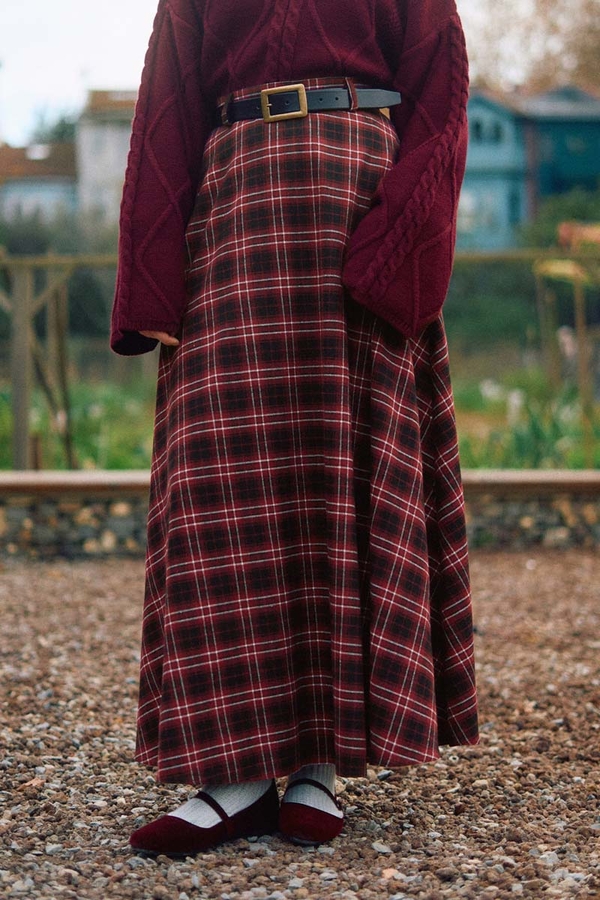 Checked A-Line Skirt Burgundy - 7