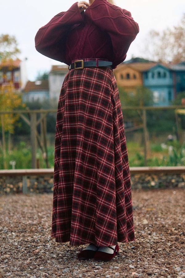 Checked A-Line Skirt Burgundy - 8
