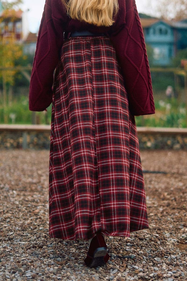 Checked A-Line Skirt Burgundy - 9