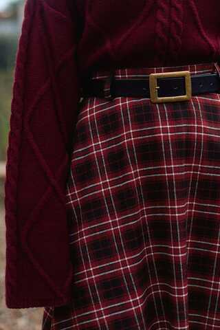 Checked A-Line Skirt Burgundy - 4