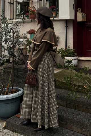 Checked A-Line Skirt Khaki - 5