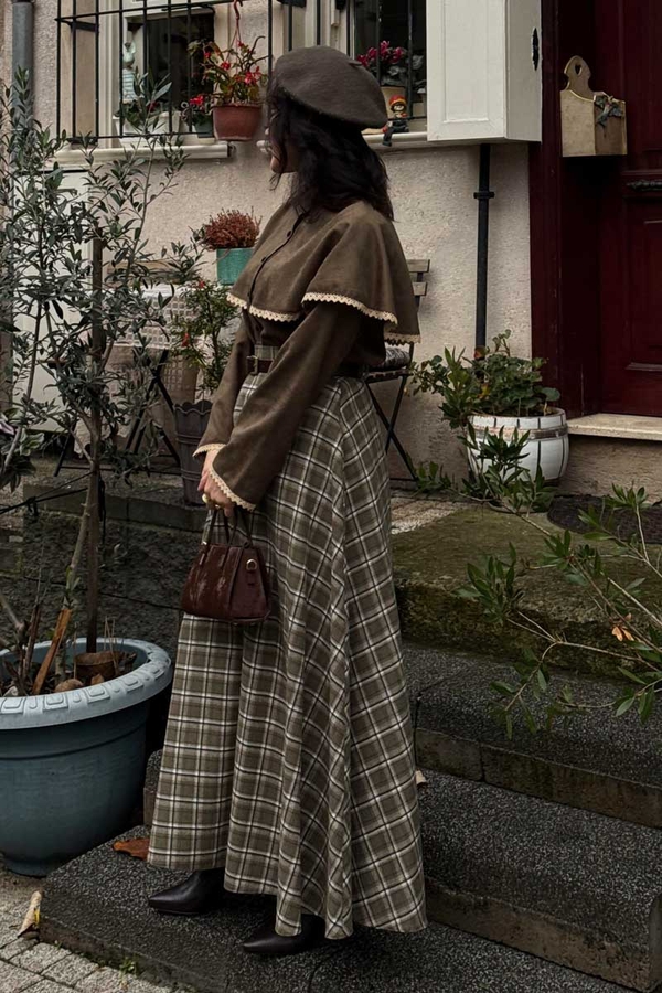 Checked A-Line Skirt Khaki - 5