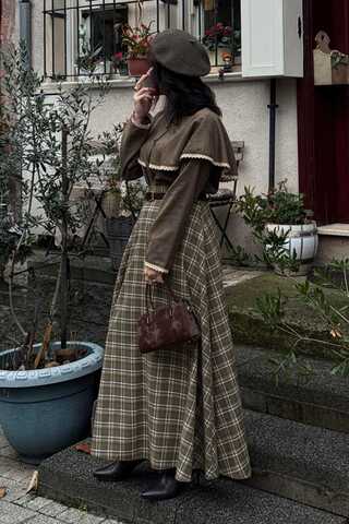 Checked A-Line Skirt Khaki - 6