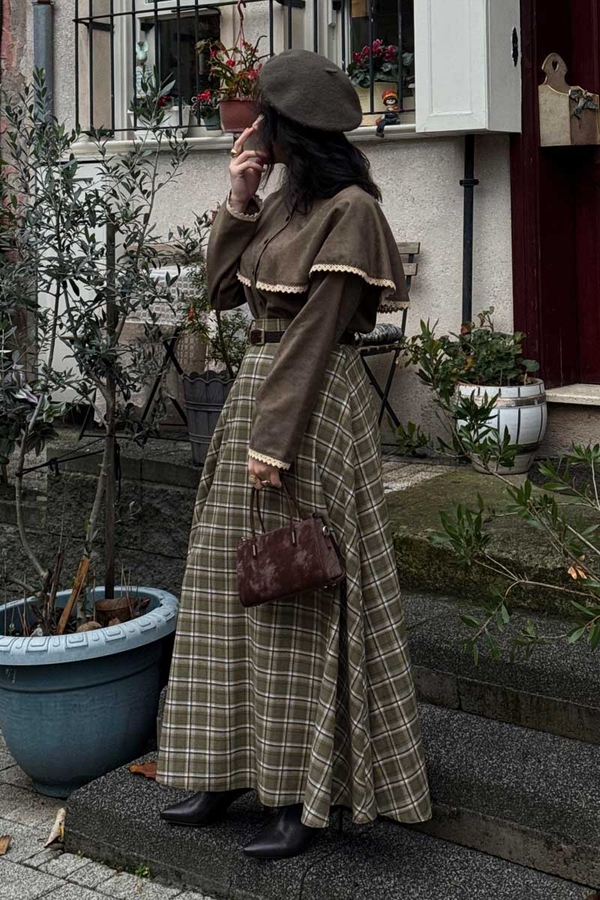 Checked A-Line Skirt Khaki - 6