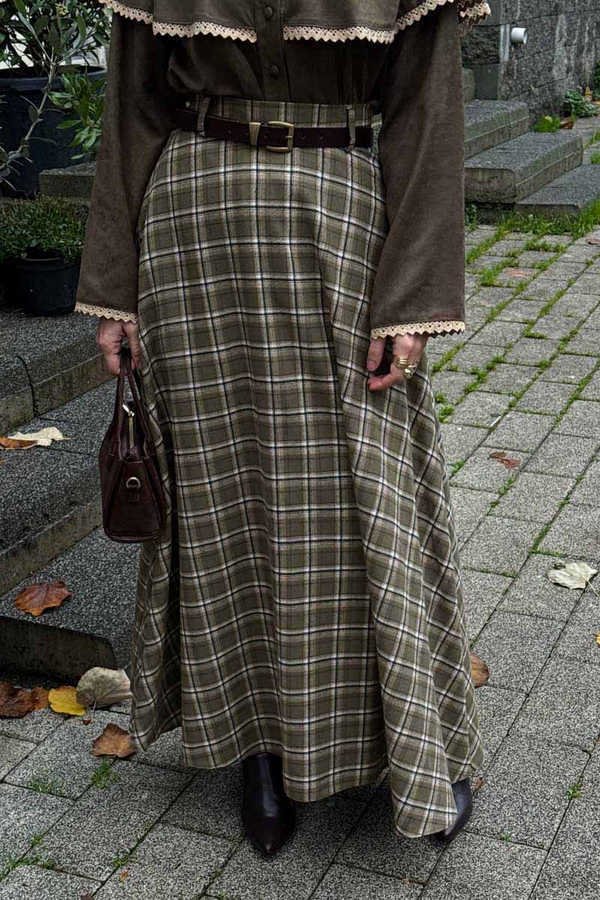 Checked A-Line Skirt Khaki - 4