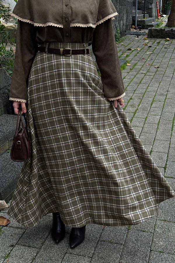 Checked A-Line Skirt Khaki - 7