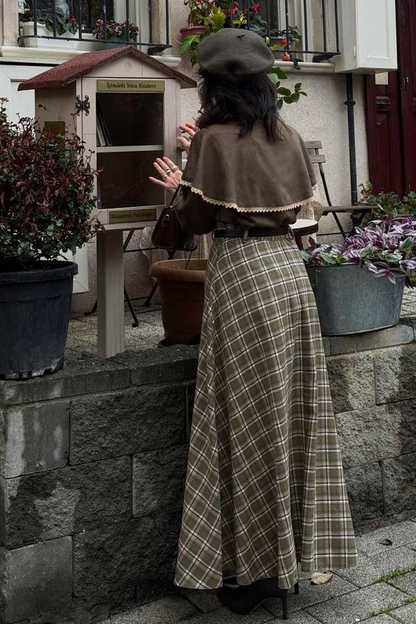 Checked A-Line Skirt Khaki - 8