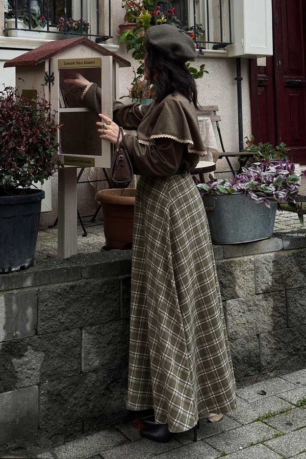 Checked A-Line Skirt Khaki - 9