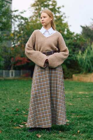 Checked A-Line Skirt Mink - 1