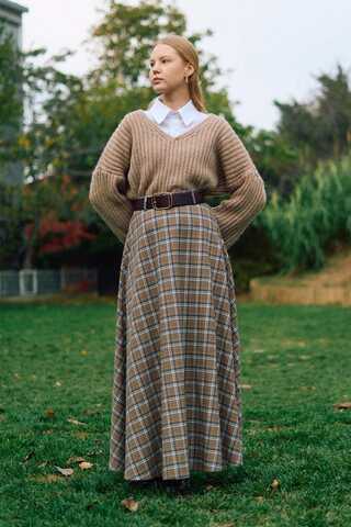 Checked A-Line Skirt Mink - 2