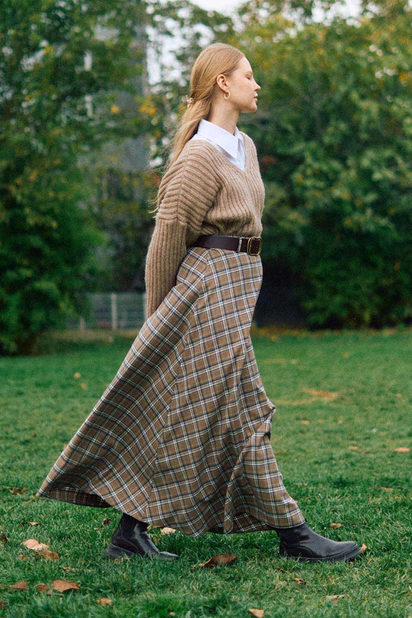 Checked A-Line Skirt Mink - 6