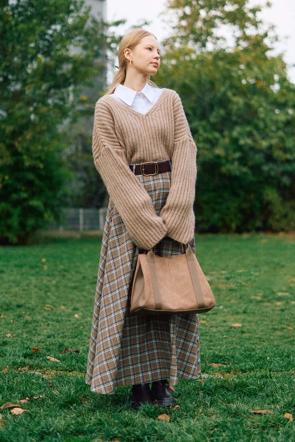 Checked A-Line Skirt Mink - 8