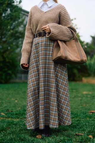 Checked A-Line Skirt Mink - 9