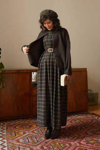 Checked Pattern Jumper Dress Brown - 2