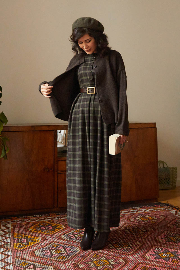 Checked Pattern Jumper Dress Brown - 2