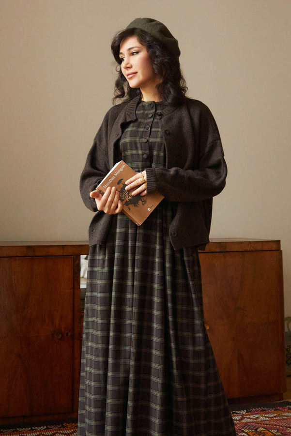 Checked Pattern Jumper Dress Brown - 1