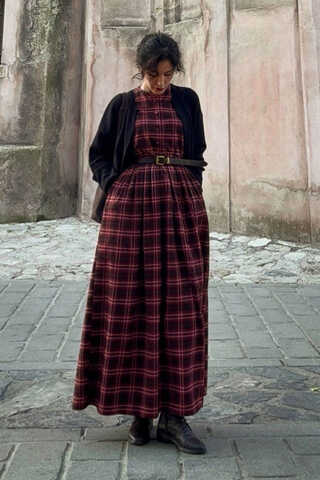 Checked Pattern Jumper Dress Burgundy - 1