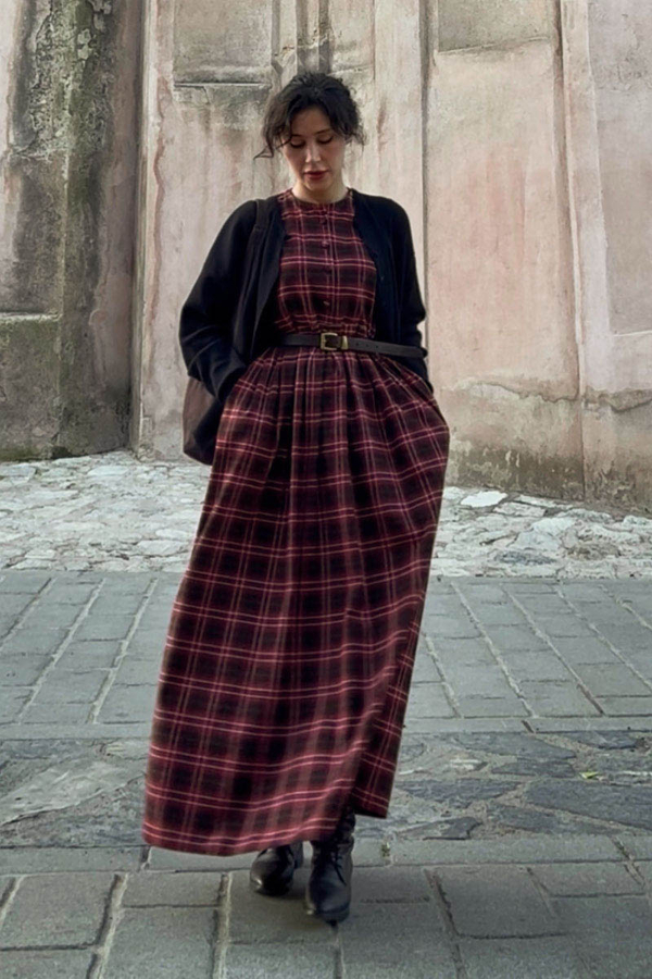 Checked Pattern Jumper Dress Burgundy - 3