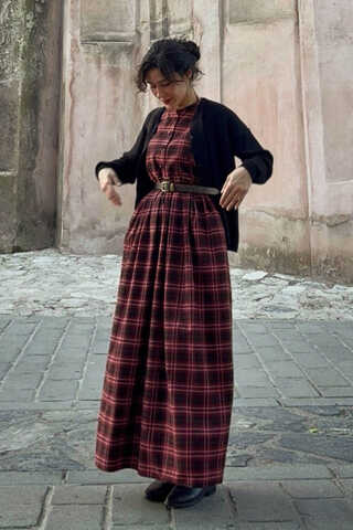 Checked Pattern Jumper Dress Burgundy - 4